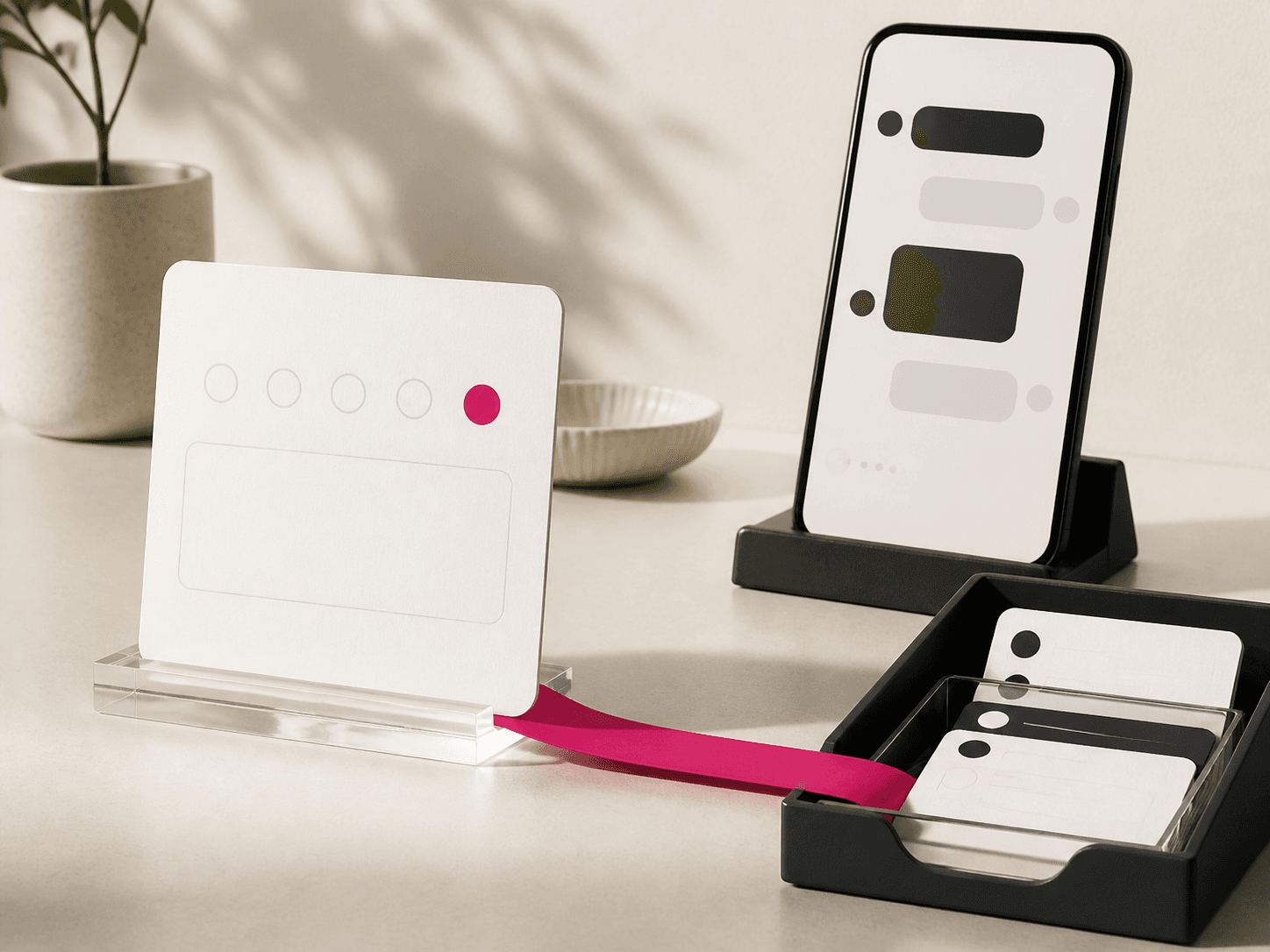 Feedback card, mobile conversation, and shared inbox connected by a magenta ribbon